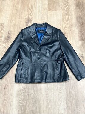 Wilsons Leather Pelle Studio Black Leather Blazer Blue Lining